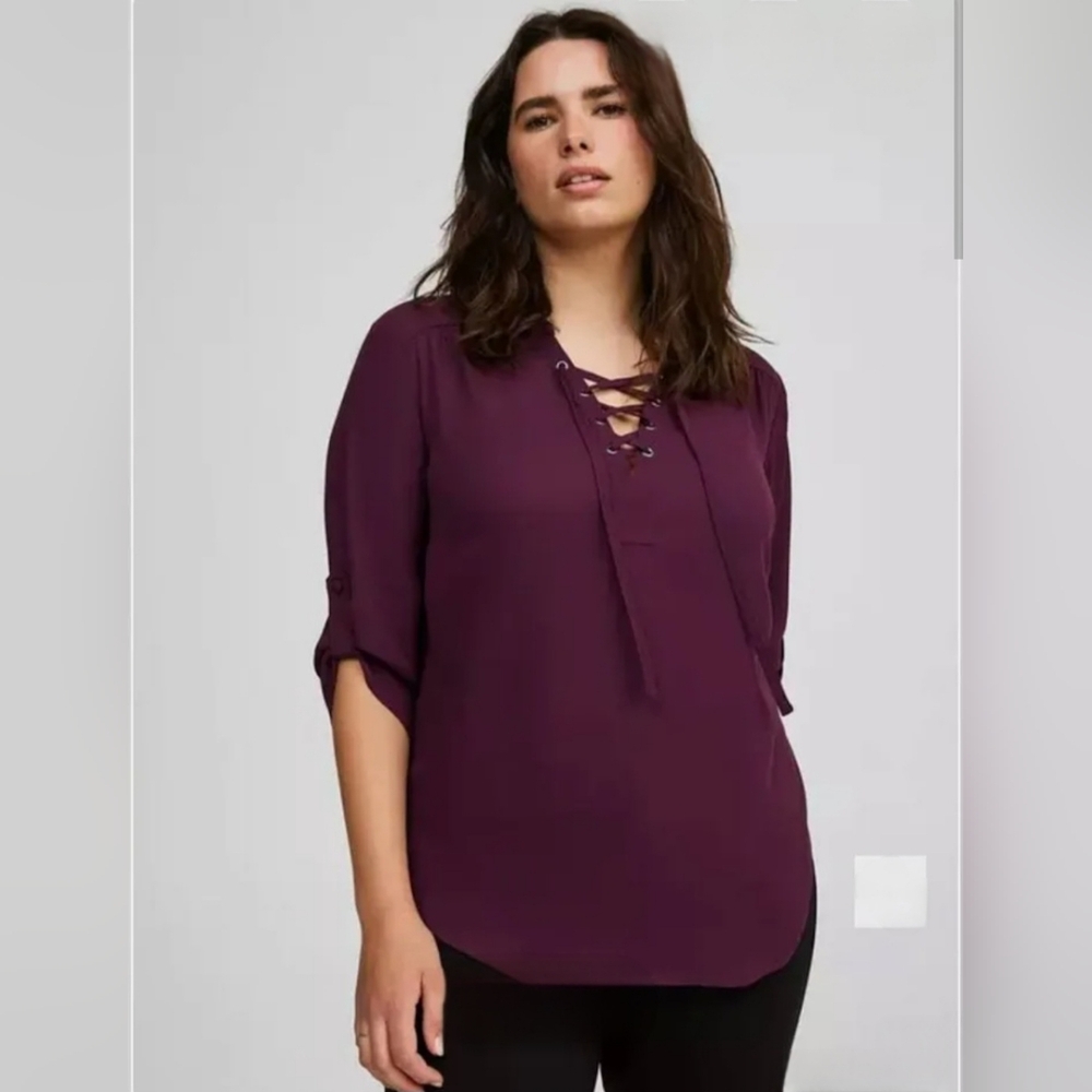 New Torrid Harper Lace Up 3/4 Sleeve Blouse, Winter Bloom 2X